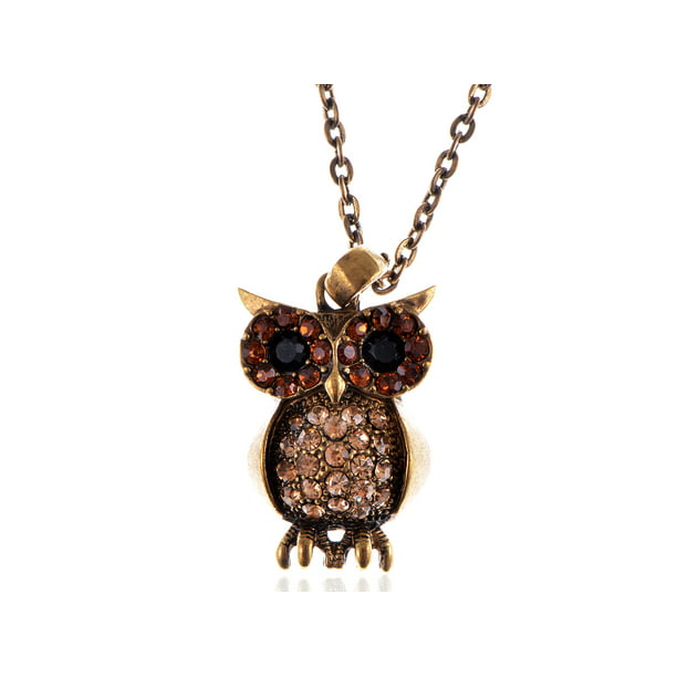 Golden Tone Topaz Crystal Rhinestone Curious Mr Owl Big Eyed Pendant Necklace 